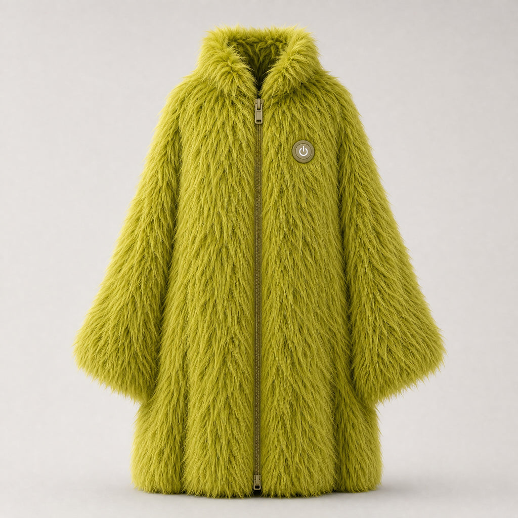 FuzzHeat heated fur coat, front view