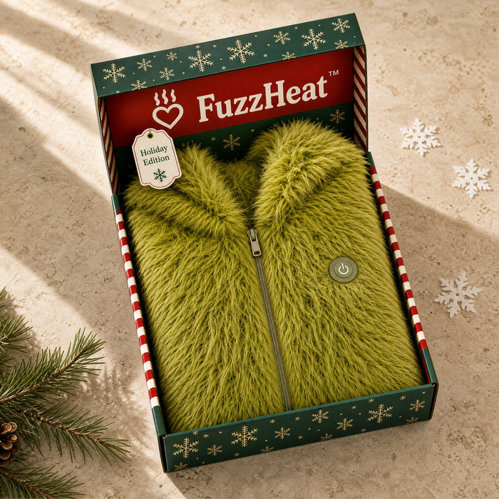 FuzzHeat coat in its open holiday gift box