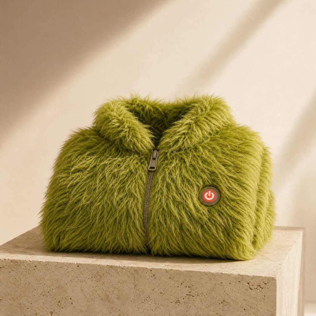 FuzzHeat coat folded on a stone plinth, heat on