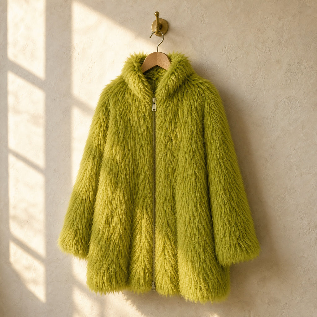 FuzzHeat coat hanging on a wooden hanger