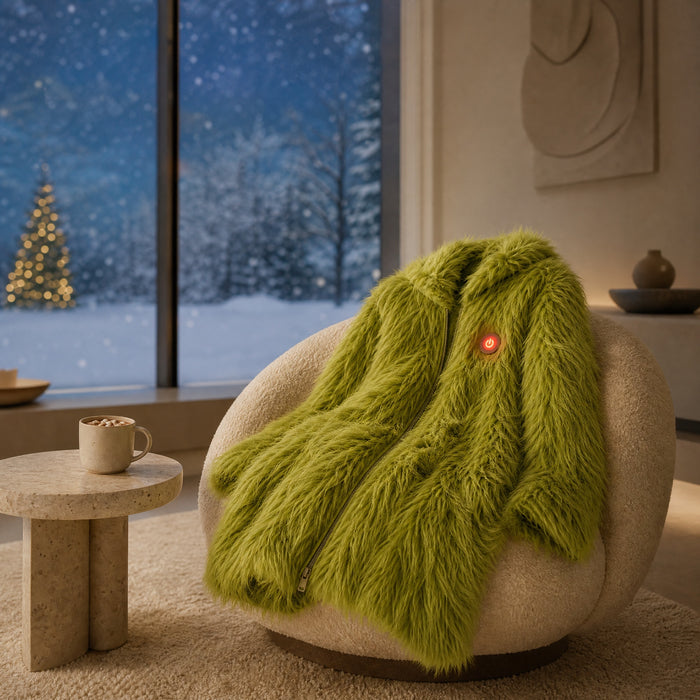 FuzzHeat coat on a lounge chair on a snowy evening